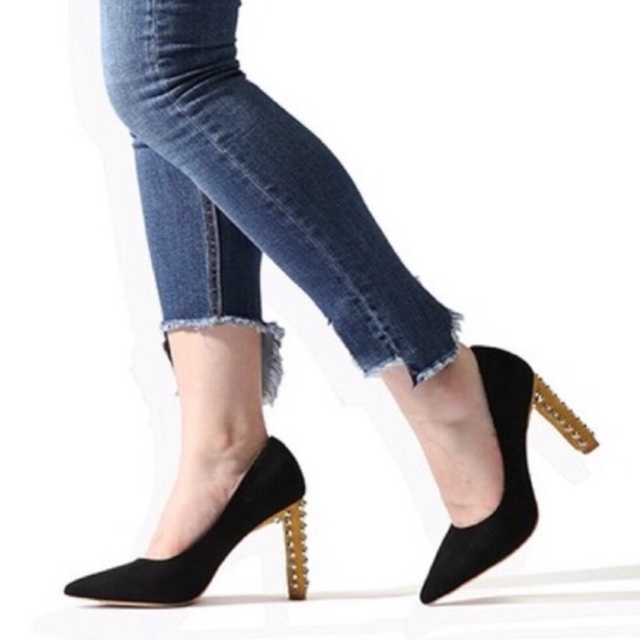 Skull & Arrow Shop Shoes - Black + Mustard Suede Rivet Heels